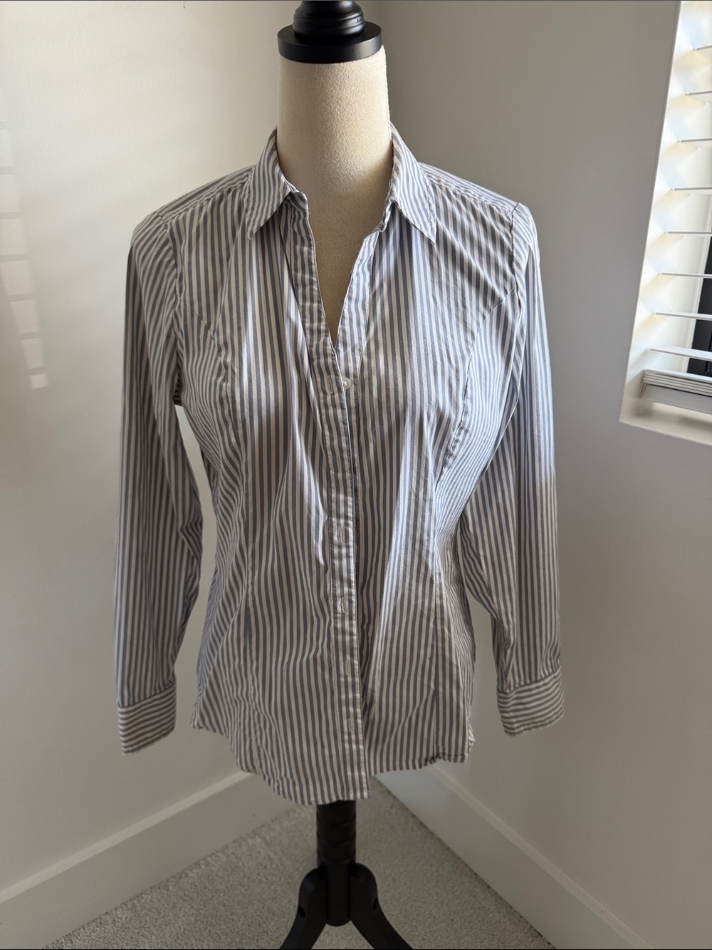 Express Women's Blue and White Striped Button-Down Shirt